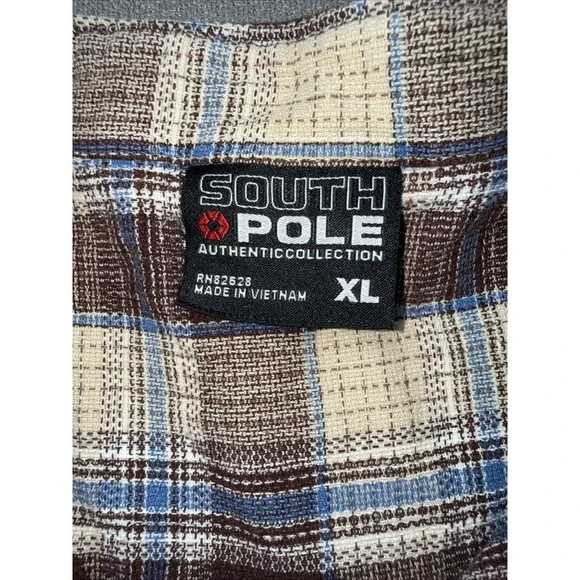 Vtg SouthPole Shirt Mens XL Brown Plaid Flannel Button Down 90s Y2K Hip Hop - Picture 2 of 9